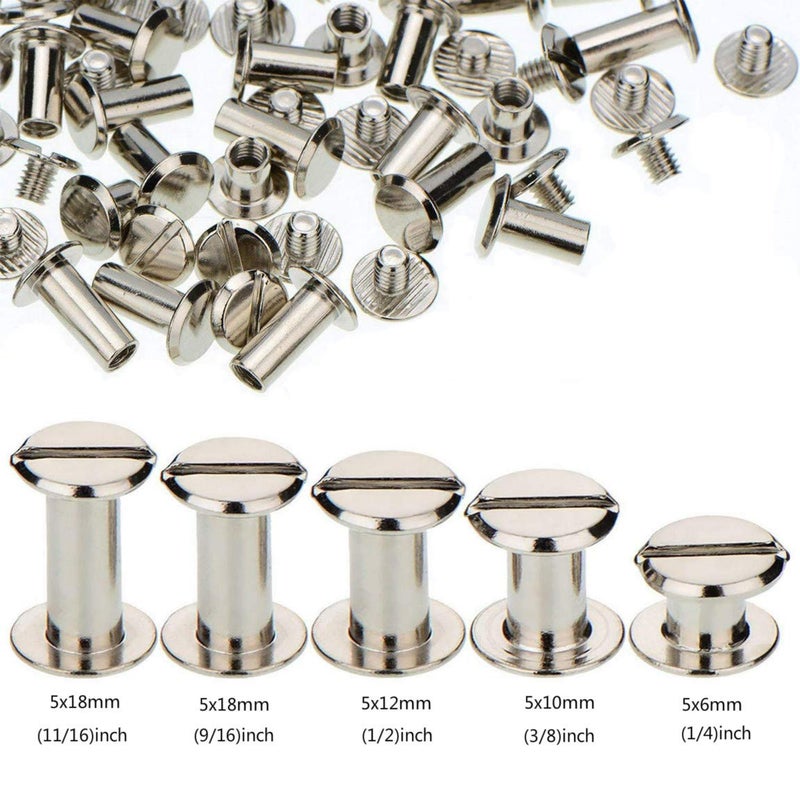 Teng Lang 100 Sets Chicago Screws Binding Screw Leather Screw Nail Rivet Button Solid Belt Tack,for DIY Leather Decoration Bookbinding - Silver M5x1/4, 3/8, 1/2, 9/16,11/16 Inches - Image 2